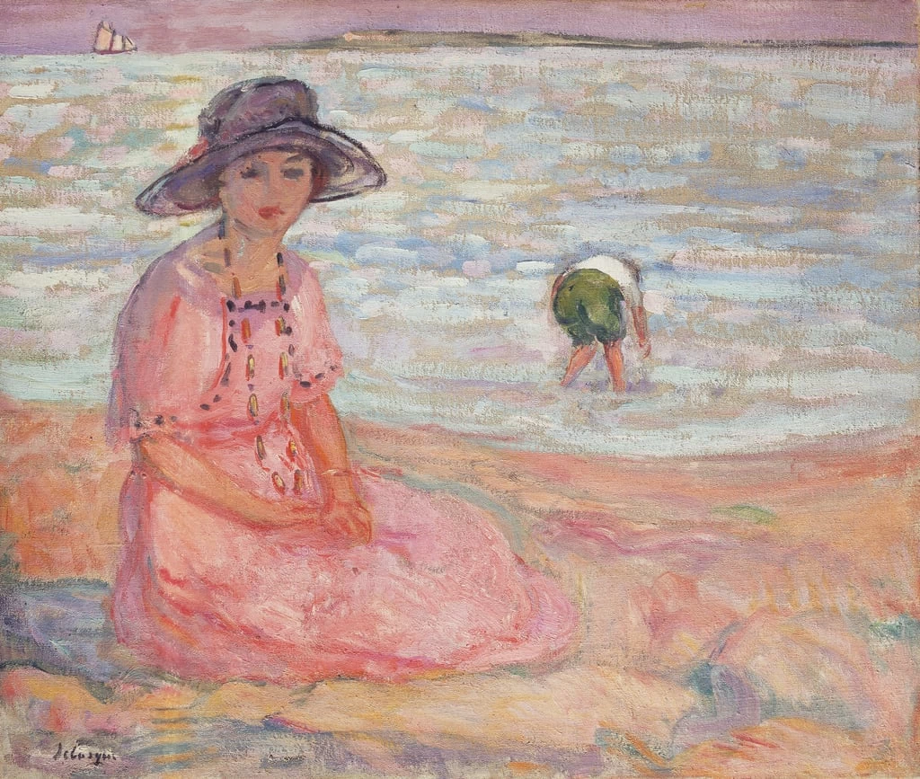 Donna in abito rosa sul mare, 1920 circa